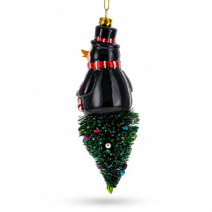 Penguin on Upside Down Tree Glass Christmas Ornament