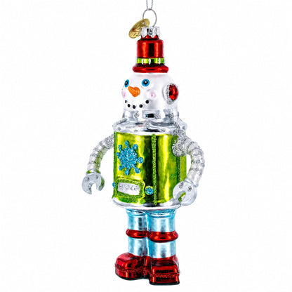Retro Robot Snowman Glass Christmas Ornament