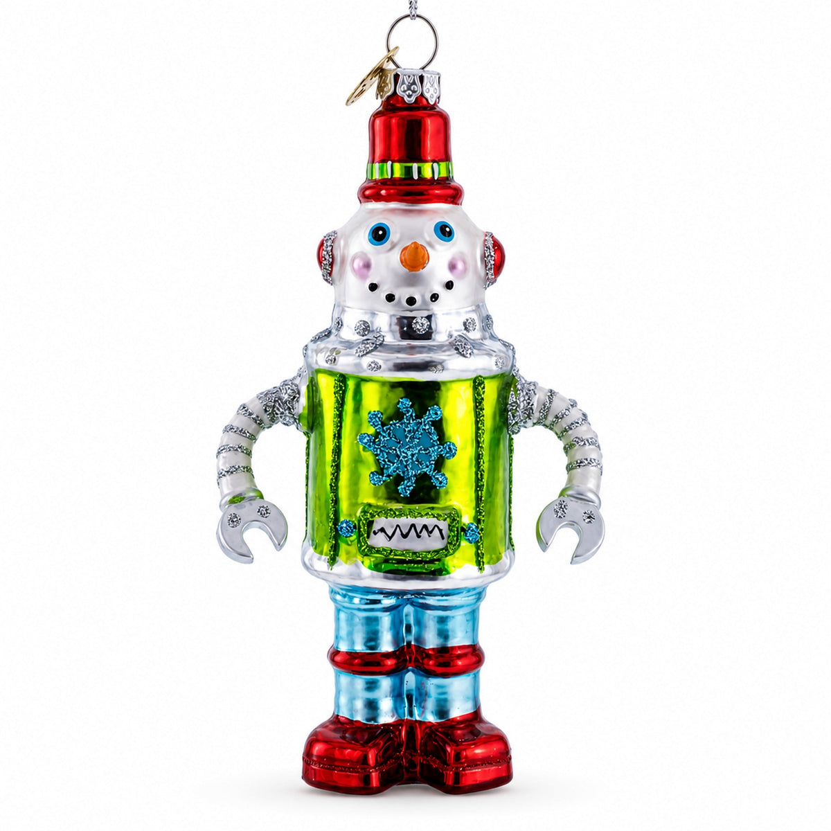 Retro Robot Snowman Glass Christmas Ornament