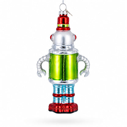 Retro Robot Snowman Glass Christmas Ornament