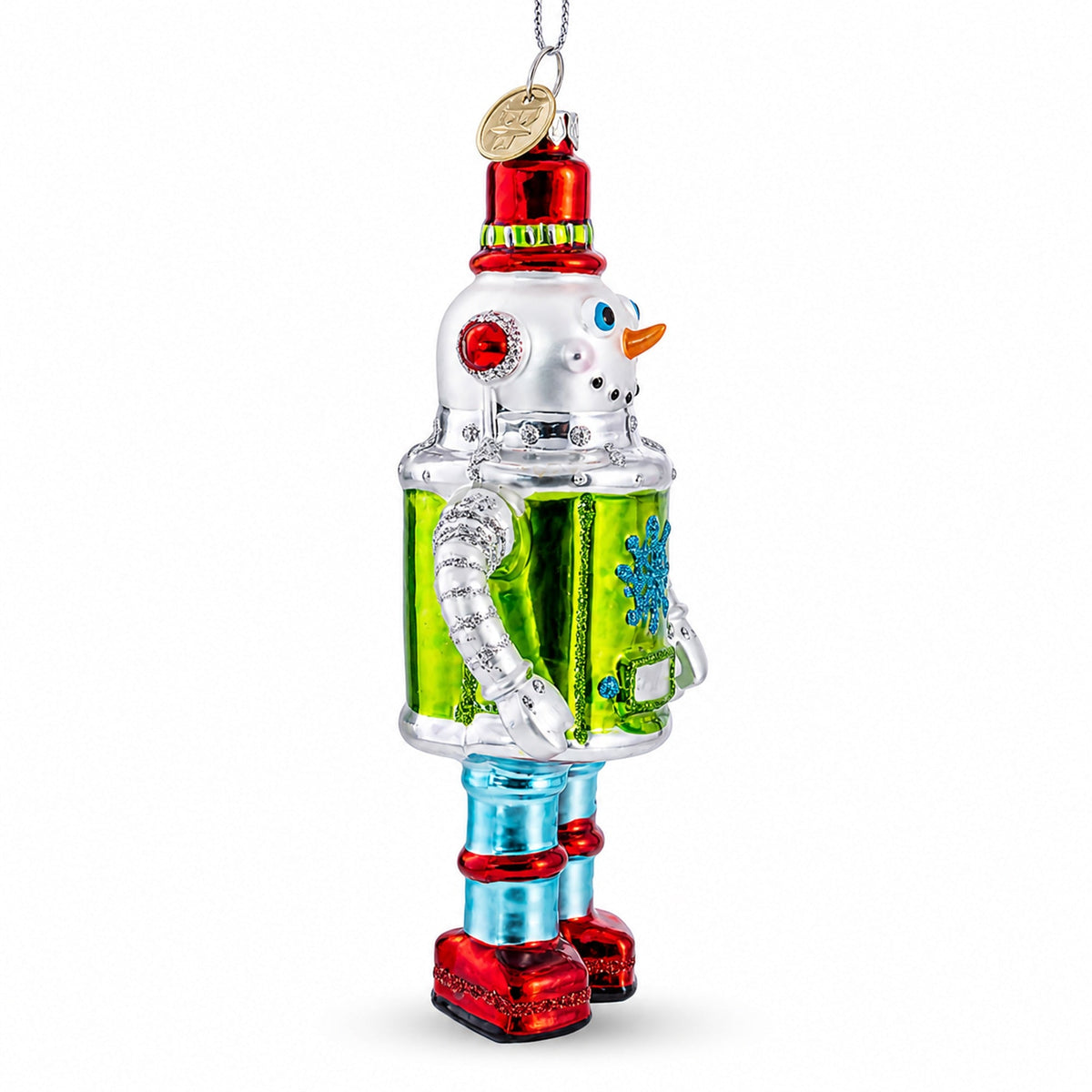 Retro Robot Snowman Glass Christmas Ornament