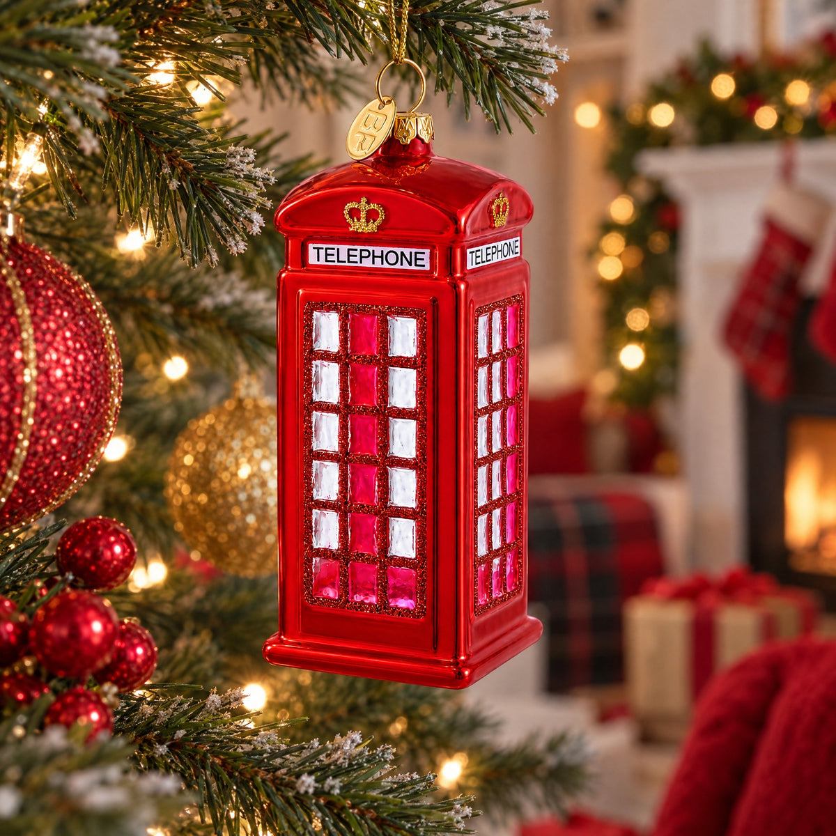 Red Telephone Booth in London, United Kingdom Glass Christmas Ornament