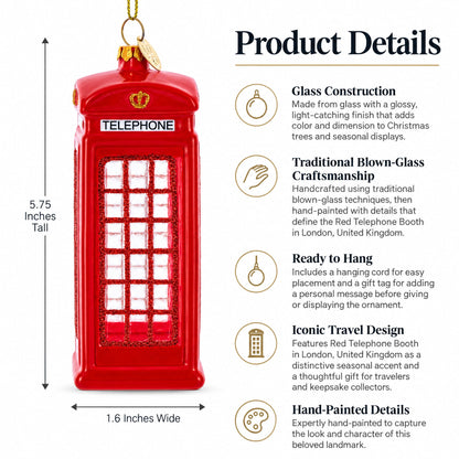 Red Telephone Booth in London, United Kingdom Glass Christmas Ornament