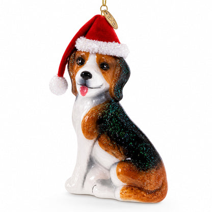 Beagle Dog with Santa Hat Glass Christmas Ornament