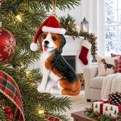Beagle Dog with Santa Hat Glass Christmas Ornament