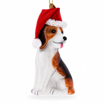 Beagle Dog with Santa Hat Glass Christmas Ornament