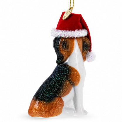 Beagle Dog with Santa Hat Glass Christmas Ornament