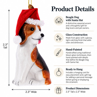 Beagle Dog with Santa Hat Glass Christmas Ornament