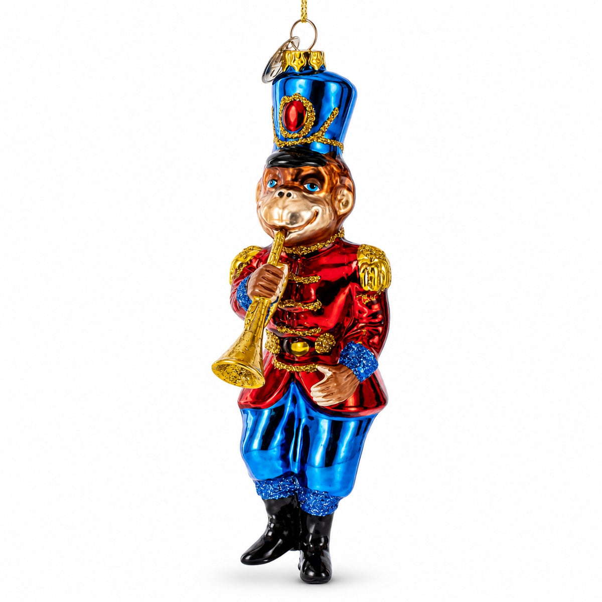 Monkey Nutcracker with Trumpet Glass Christmas Ornament