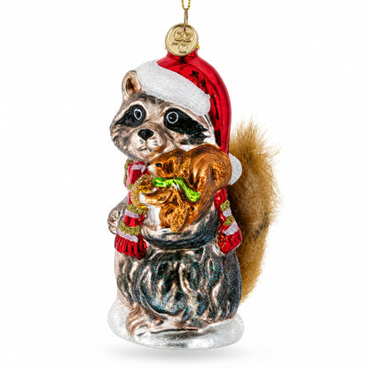 Raccoon Holding Squirrel Glass Christmas Ornament