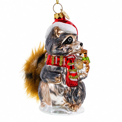 Raccoon Holding Squirrel Glass Christmas Ornament