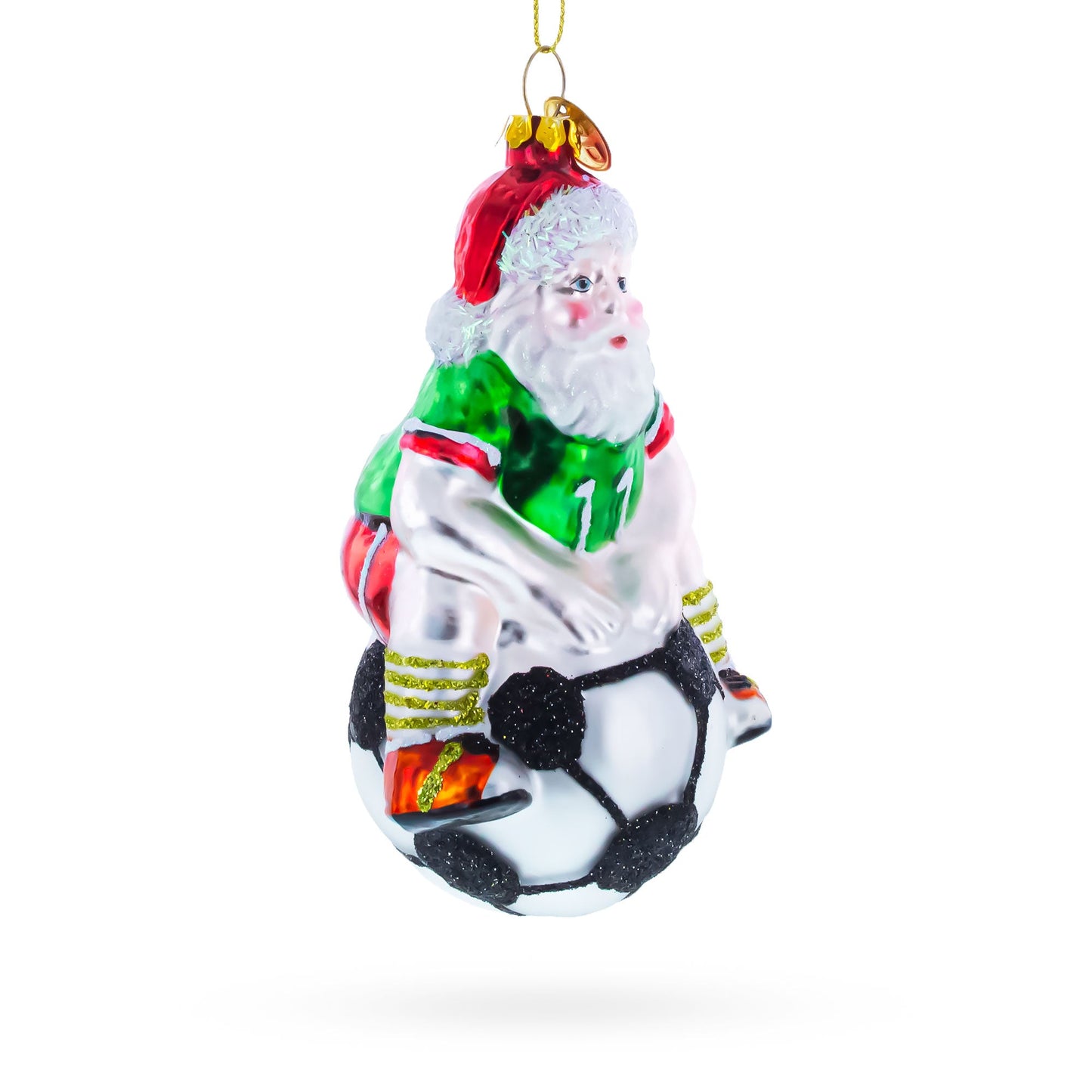 Santa Sitting on Soccer Ball Glass Christmas Ornament
