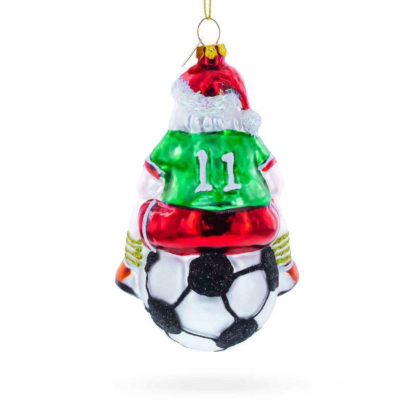 Santa Sitting on Soccer Ball Glass Christmas Ornament