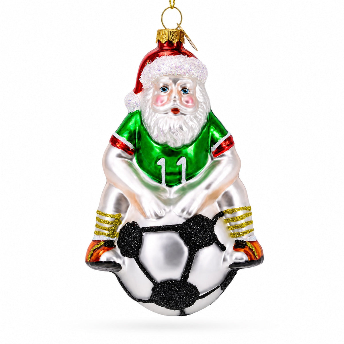 Santa Sitting on Soccer Ball Glass Christmas Ornament