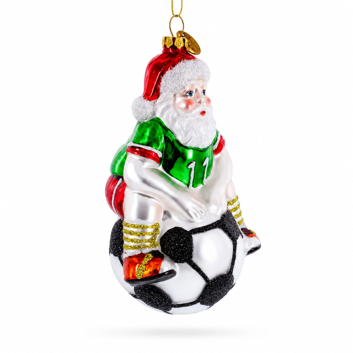 Santa Sitting on Soccer Ball Glass Christmas Ornament