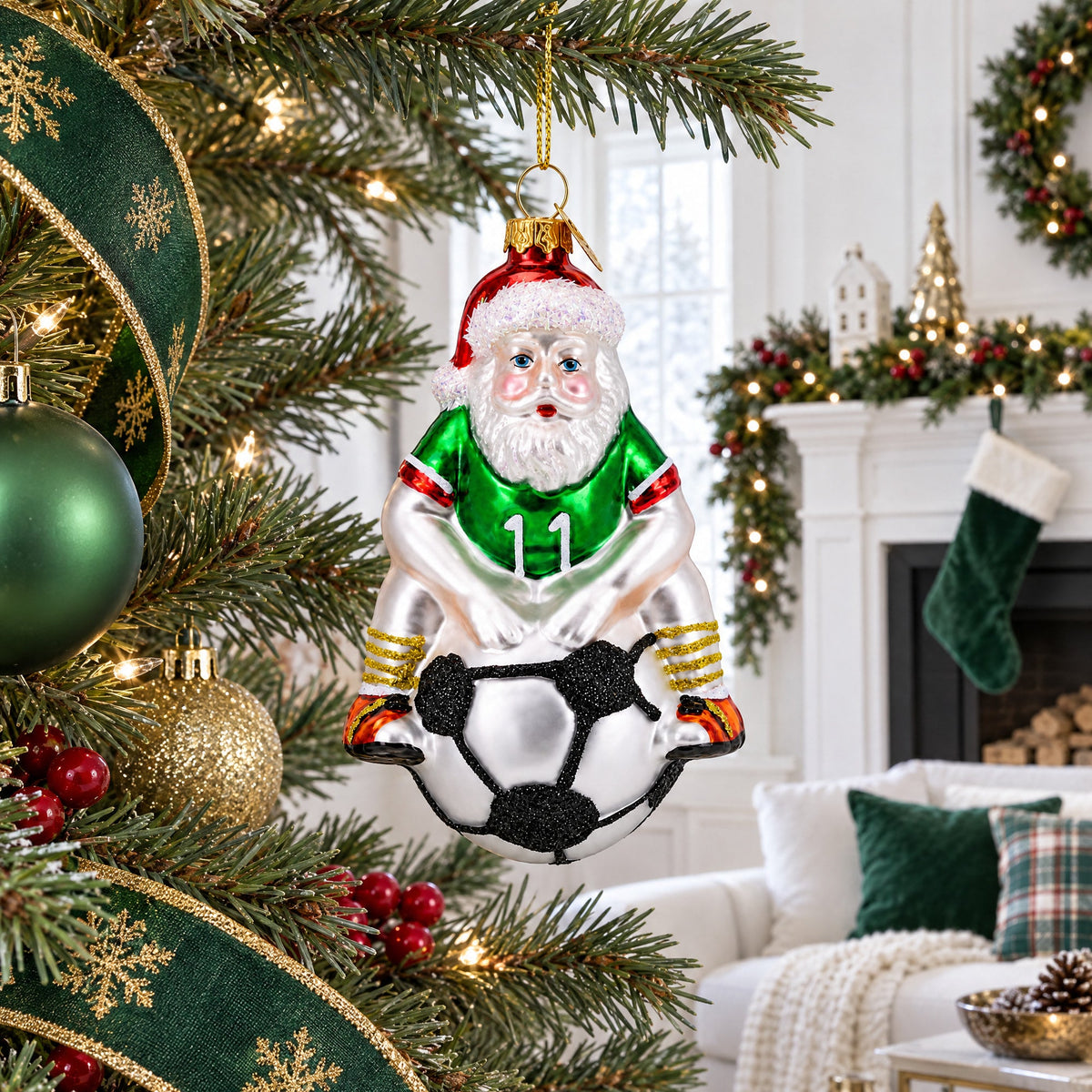 Santa Sitting on Soccer Ball Glass Christmas Ornament