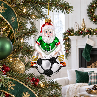 Santa Sitting on Soccer Ball Glass Christmas Ornament