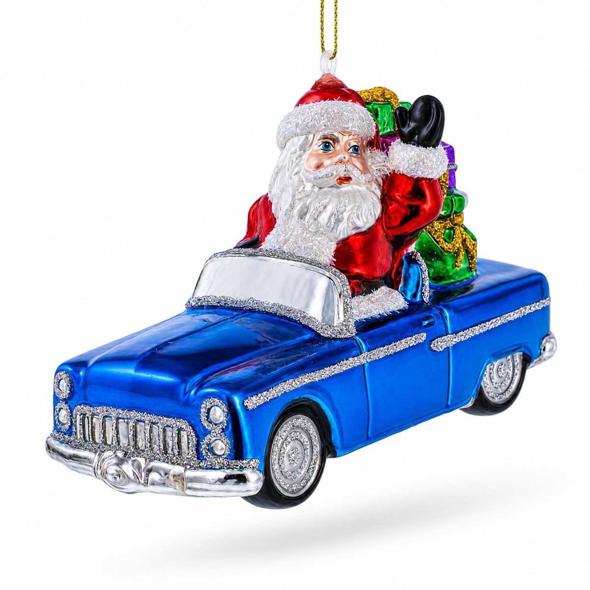 Santa Driving Convertible Car Glass Christmas Ornament