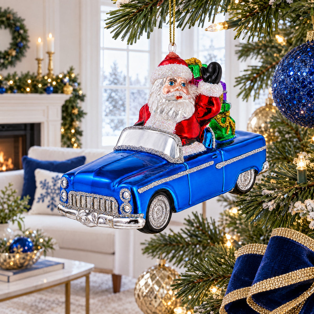 Santa Driving Convertible Car Glass Christmas Ornament