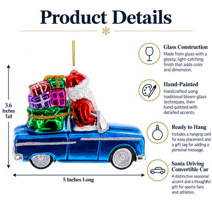 Santa Driving Convertible Car Glass Christmas Ornament