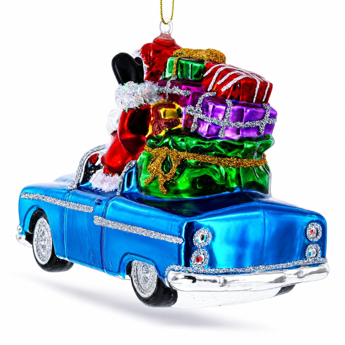Santa Driving Convertible Car Glass Christmas Ornament
