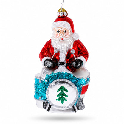 Santa Playing Drums Glass Christmas Ornament