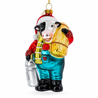 Cow Carrying Milk Jug Glass Christmas Ornament