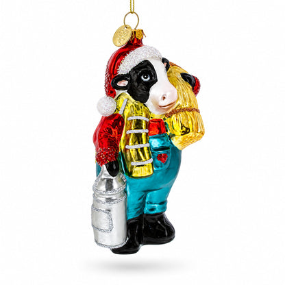Cow Carrying Milk Jug Glass Christmas Ornament