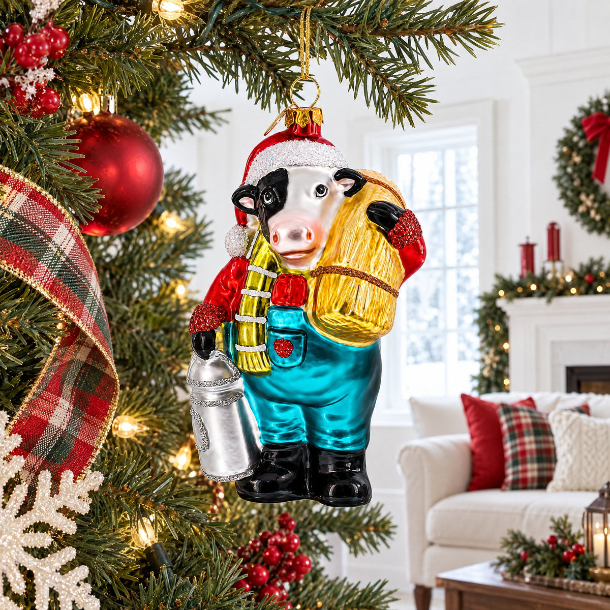 Cow Carrying Milk Jug Glass Christmas Ornament