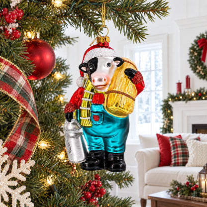 Cow Carrying Milk Jug Glass Christmas Ornament