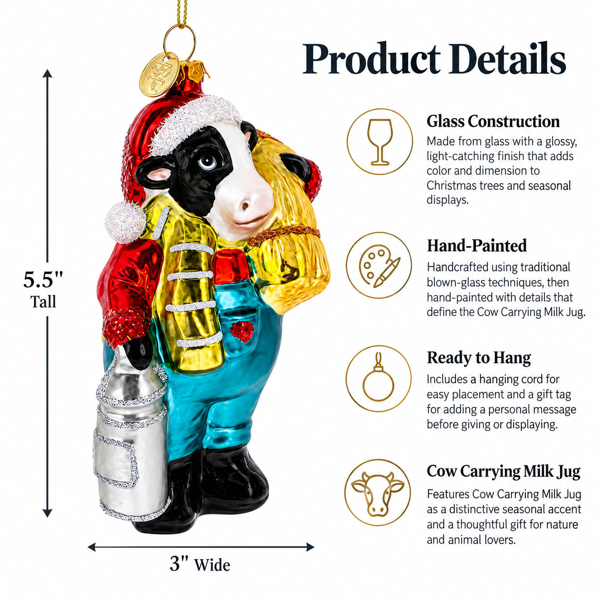Cow Carrying Milk Jug Glass Christmas Ornament