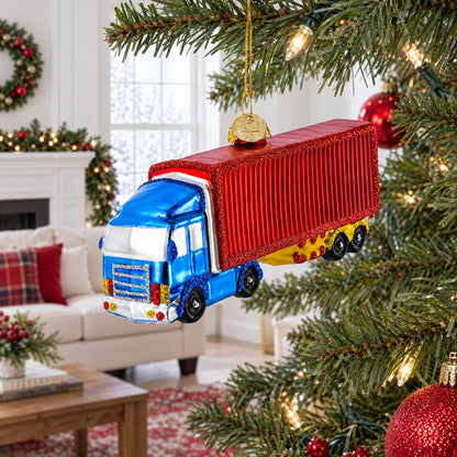 Truck with Dry Van Glass Christmas Ornament