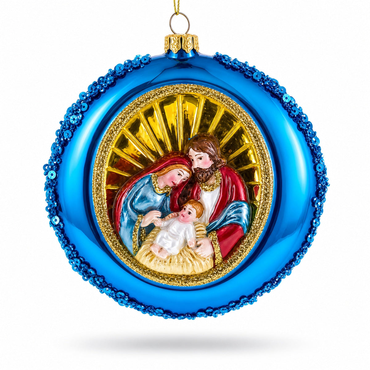 Serene Holy Family on Purple Disc Glass Christmas Ornament