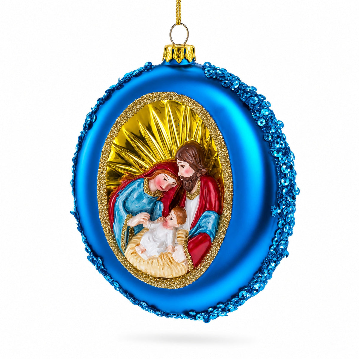 Serene Holy Family on Purple Disc Glass Christmas Ornament