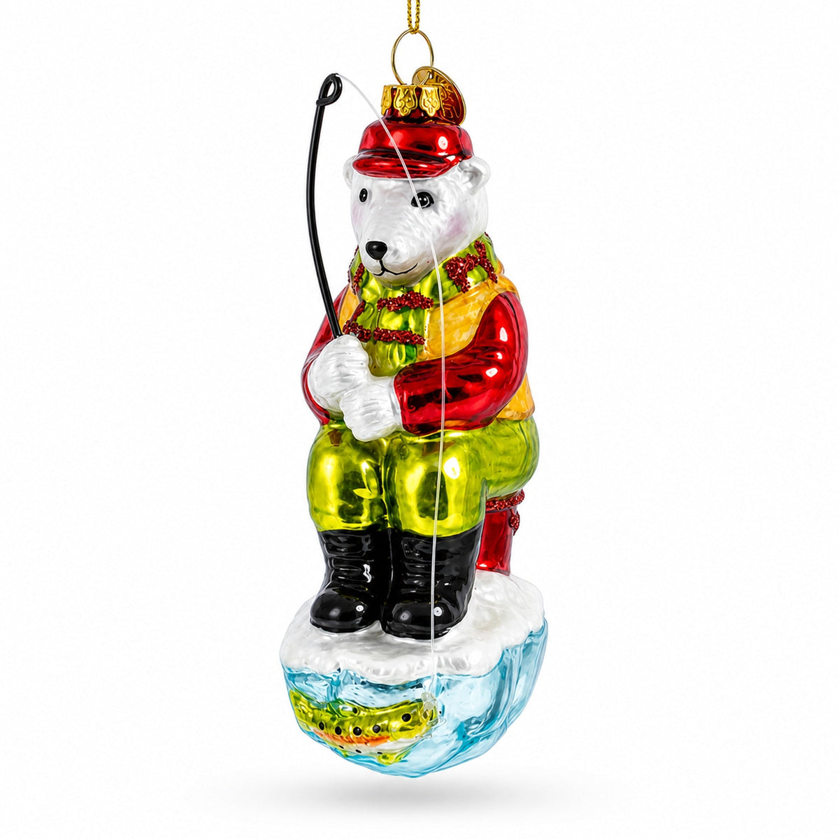 Polar Bear Ice Fishing Glass Christmas Ornament