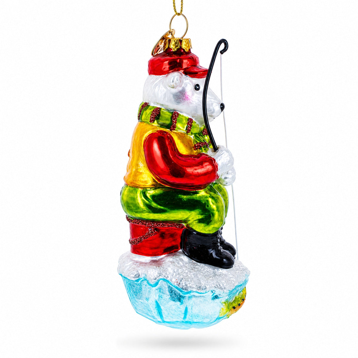 Polar Bear Ice Fishing Glass Christmas Ornament