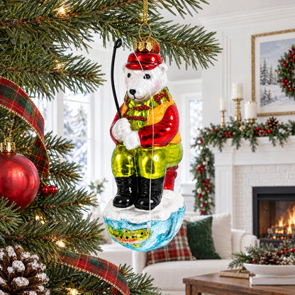 Polar Bear Ice Fishing Glass Christmas Ornament