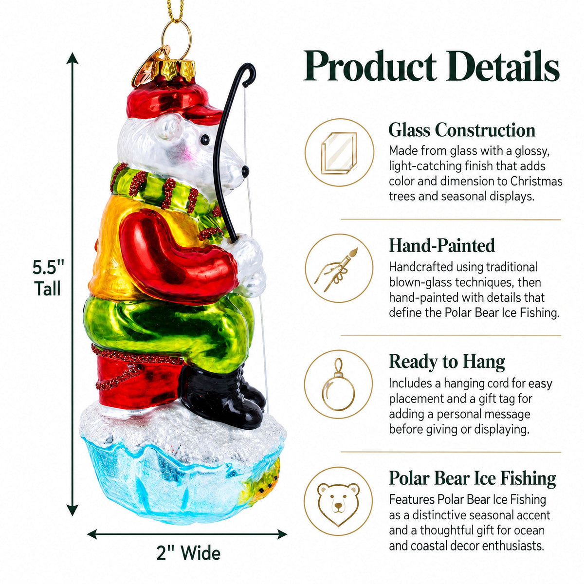 Polar Bear Ice Fishing Glass Christmas Ornament