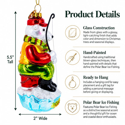 Polar Bear Ice Fishing Glass Christmas Ornament