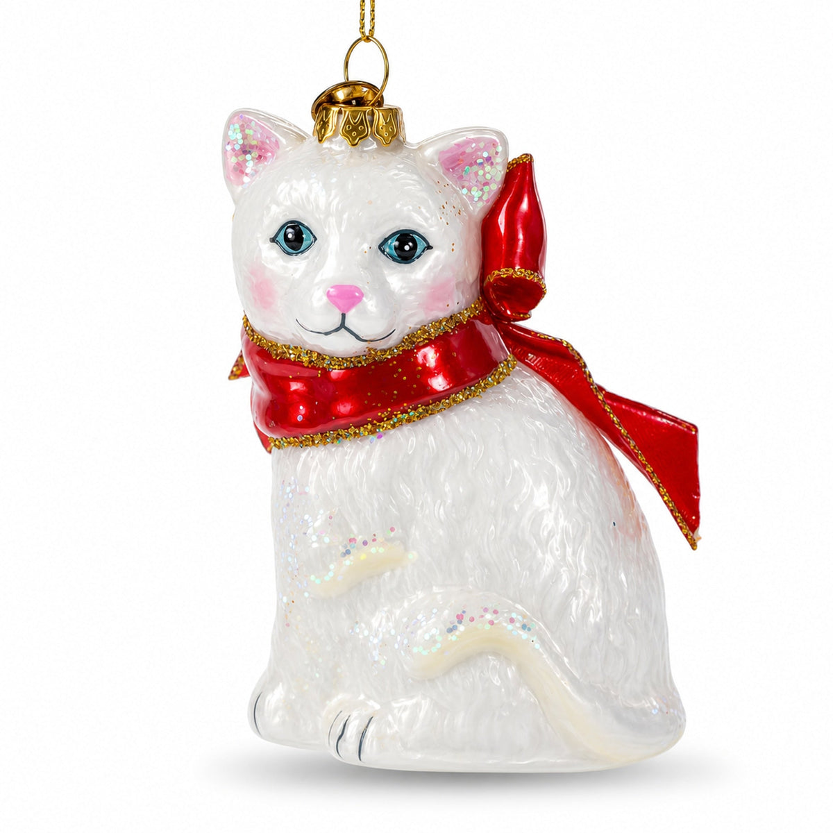 White Cat with Red Scarf Glass Christmas Ornament