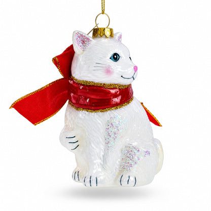 White Cat with Red Scarf Glass Christmas Ornament