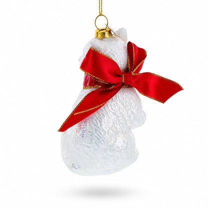 White Cat with Red Scarf Glass Christmas Ornament