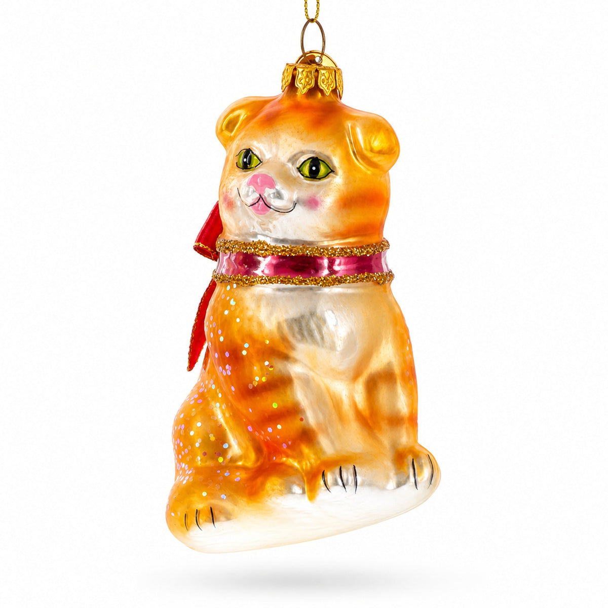 Glittered Orange Cat Glass Christmas Ornament