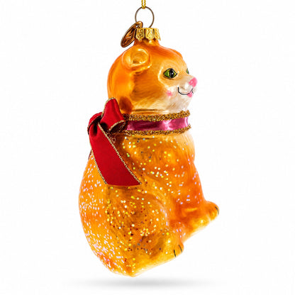 Glittered Orange Cat Glass Christmas Ornament