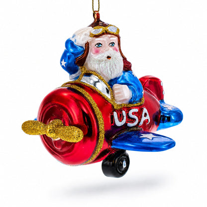 Pilot Santa in Airplane Glass Christmas Ornament