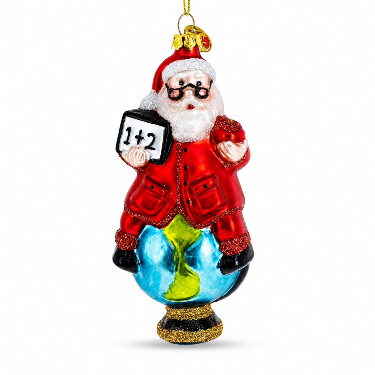 Teacher Santa on World Globe Glass Christmas Ornament