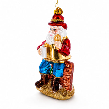Cowboy Santa with Drink and Drumstick Glass Christmas Ornament