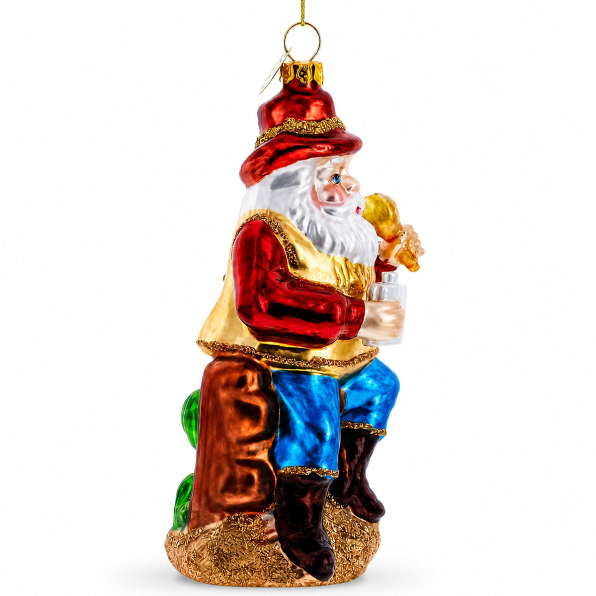 Cowboy Santa with Drink and Drumstick Glass Christmas Ornament
