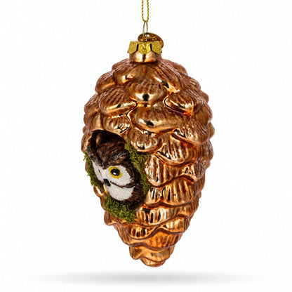 Wise Owl Nestled in Pine Cone Glass Christmas Ornament