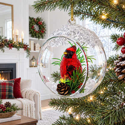 Red Cardinal Bird Encased in Glass Ball Christmas Ornament